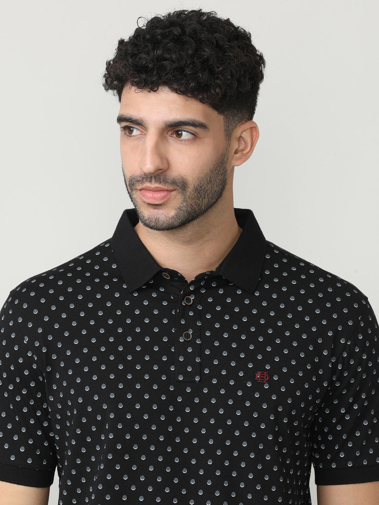 Black Pique Lycra Micro Printed Polo T-shirt