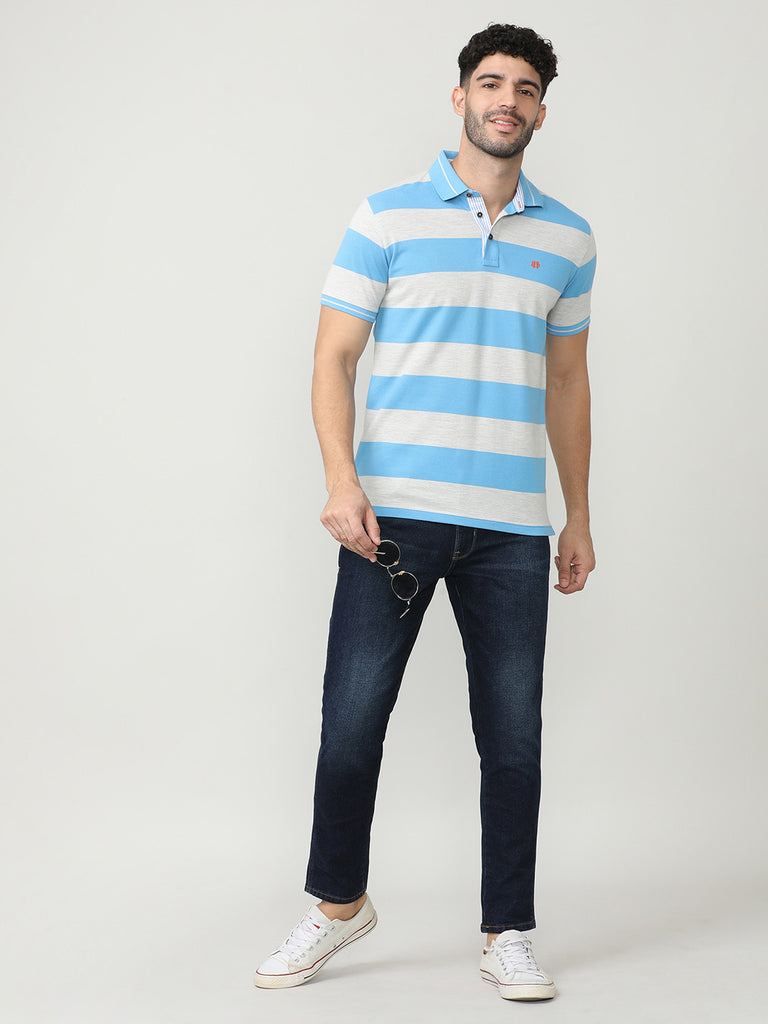 Sky Blue Pique Stripes Polo T-shirt With Tipping Collar