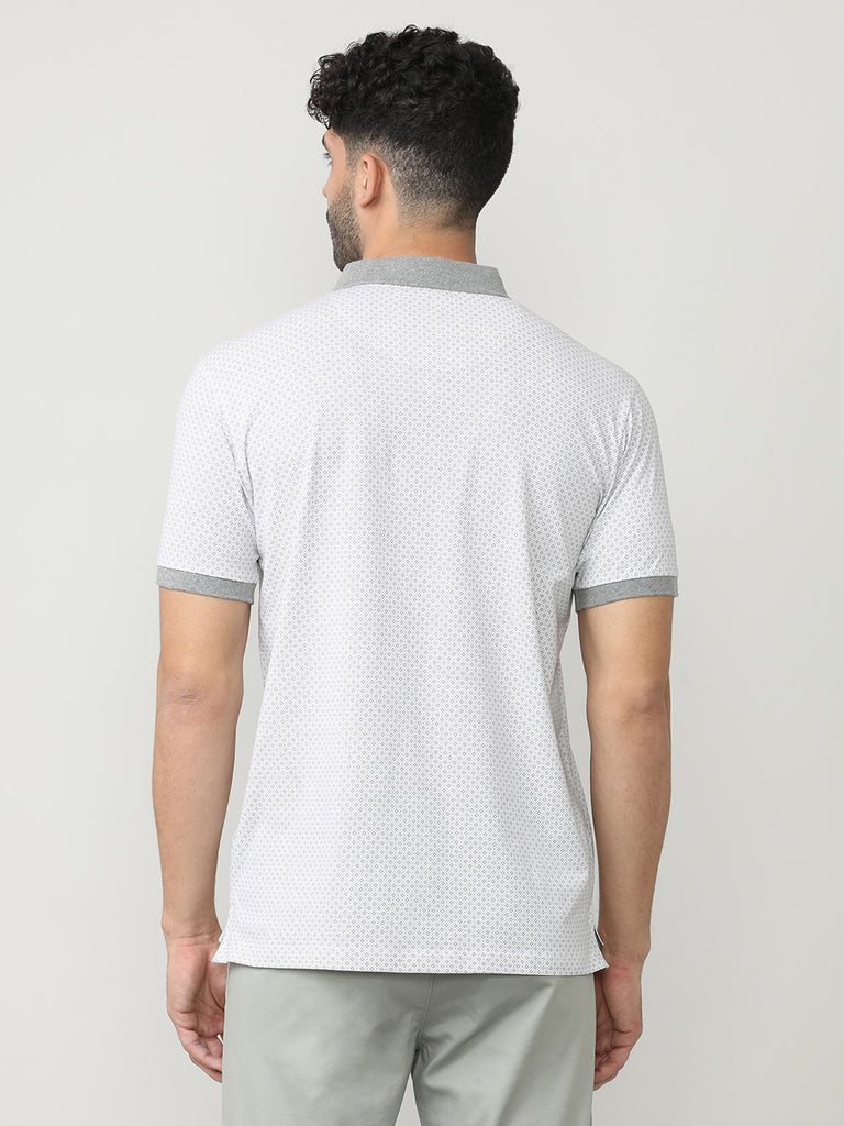 White Pique Lycra Graphic Printed Polo T-shirt