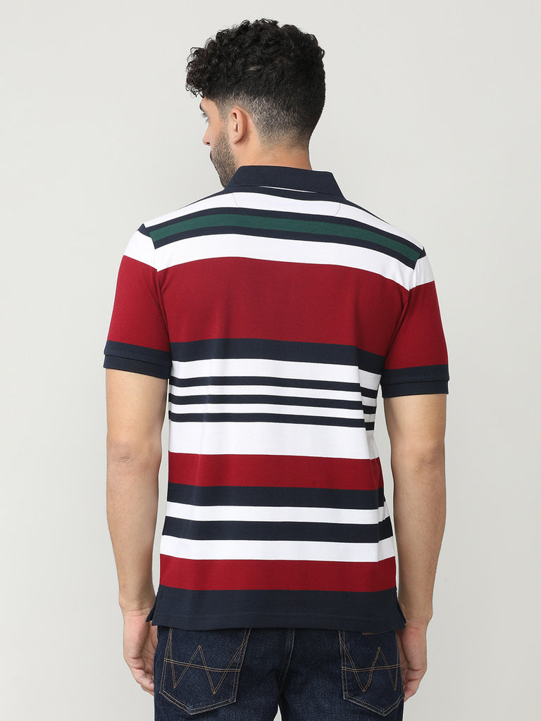 Maroon Pique Stripes Polo T-shirt With Contrast Collar