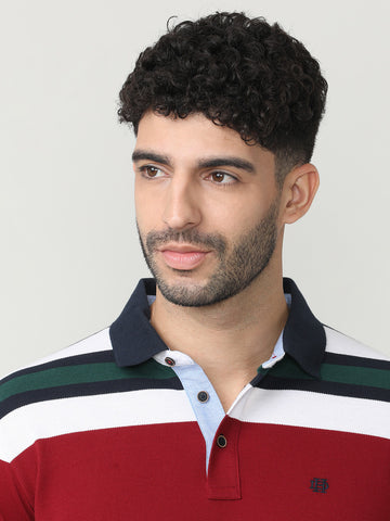 Maroon Pique Stripes Polo T-shirt With Contrast Collar