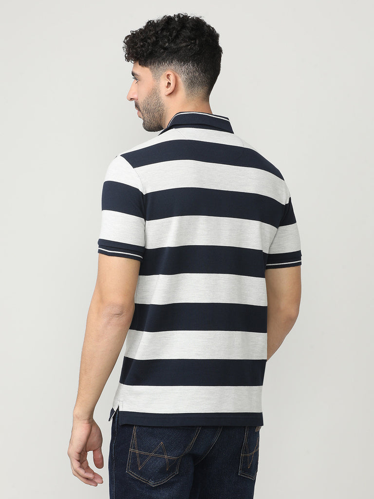 Black Pique Stripes Polo T-shirt With Tipping Collar