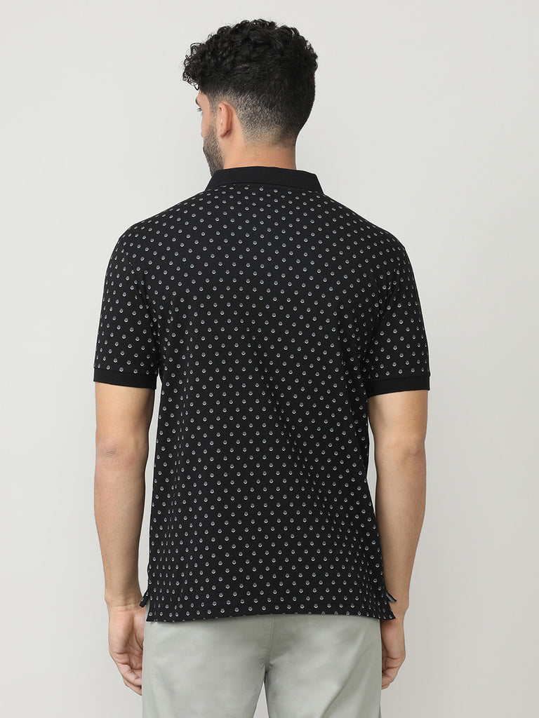 Black Pique Lycra Micro Printed Polo T-shirt