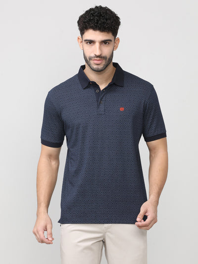 Navy Pique Lycra Graphic Printed Polo T-shirt