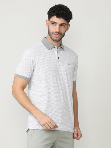 White Pique Lycra Graphic Printed Polo T-shirt