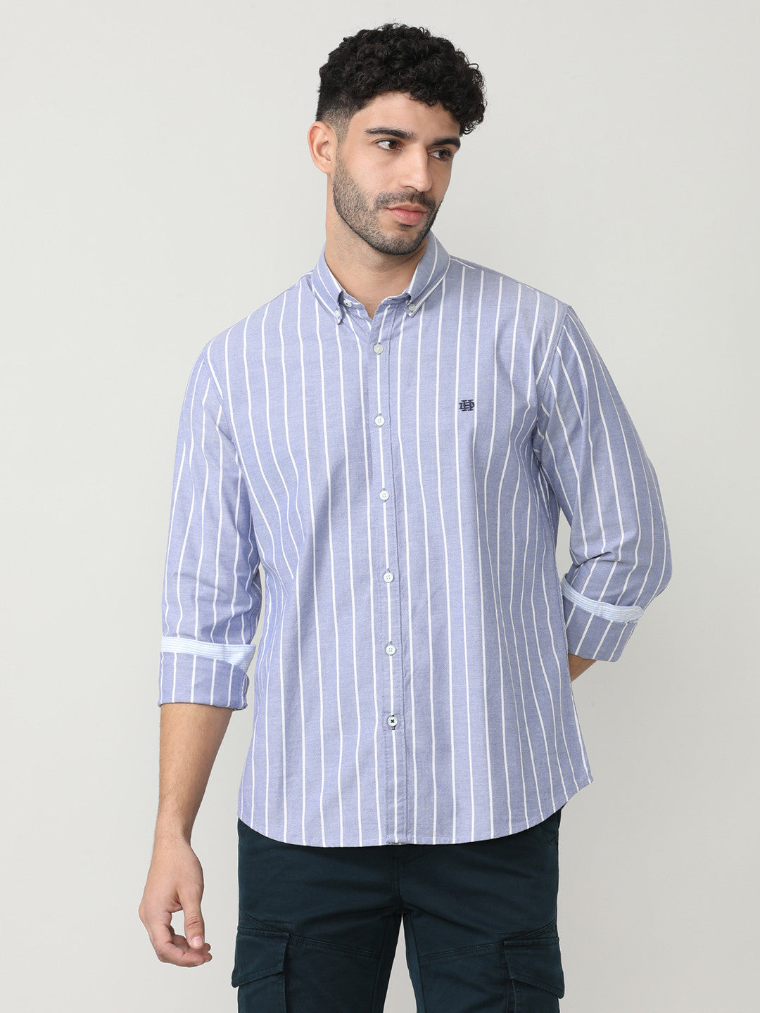 Aqua Oxford Verticle Stripes Checks Shirt With Button Down Collar