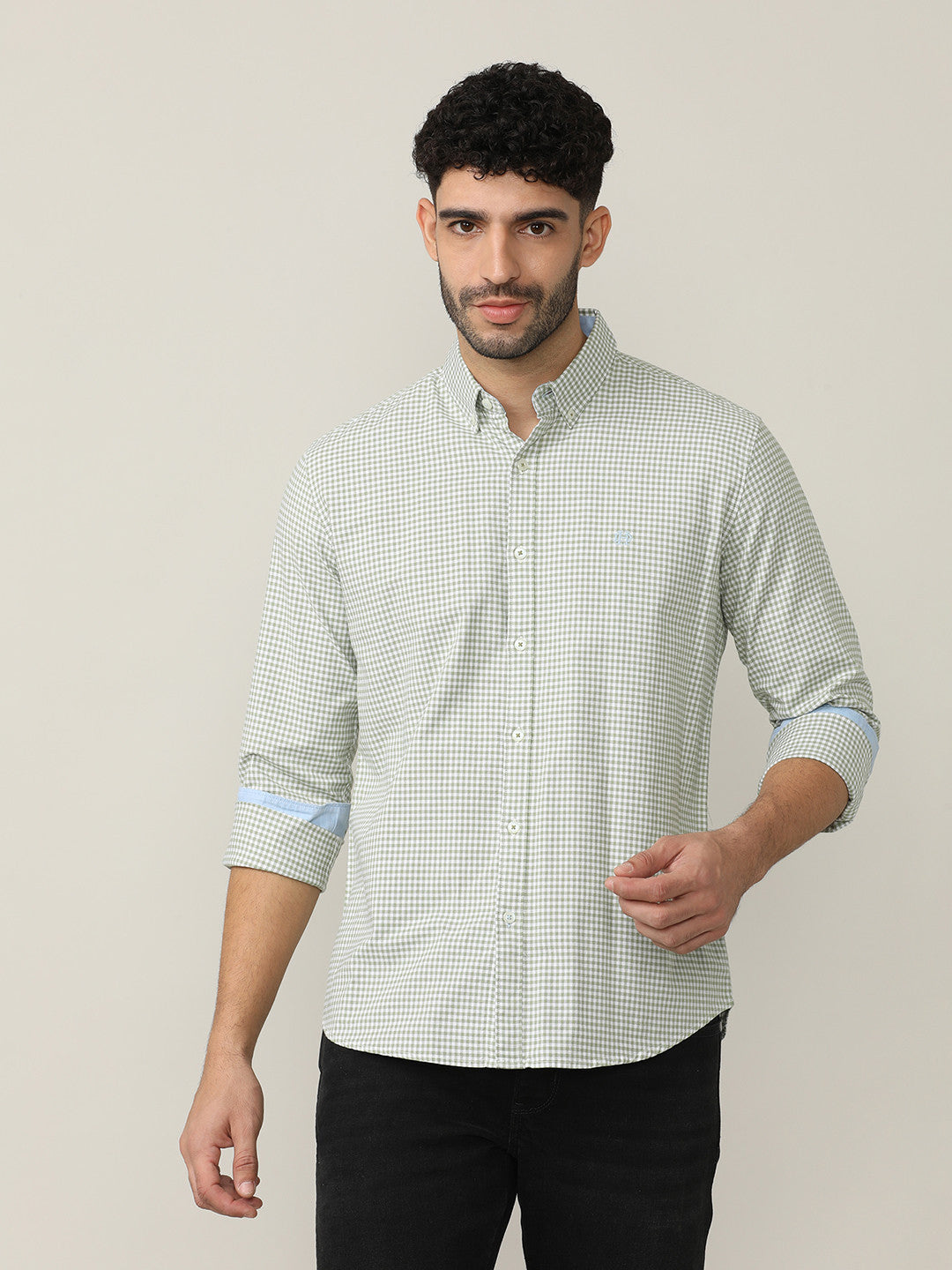 Fern Green Oxford Gingham Checks Shirt With Button Down Collar