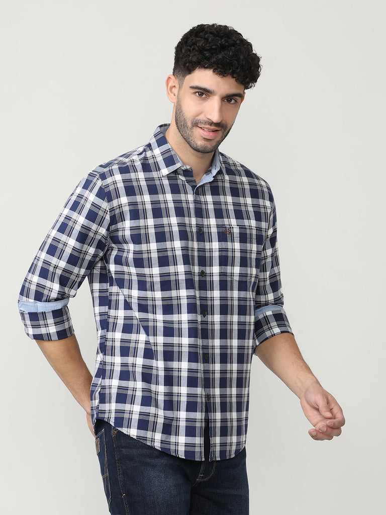 Navy Oxford Checks Shirt With Pocket