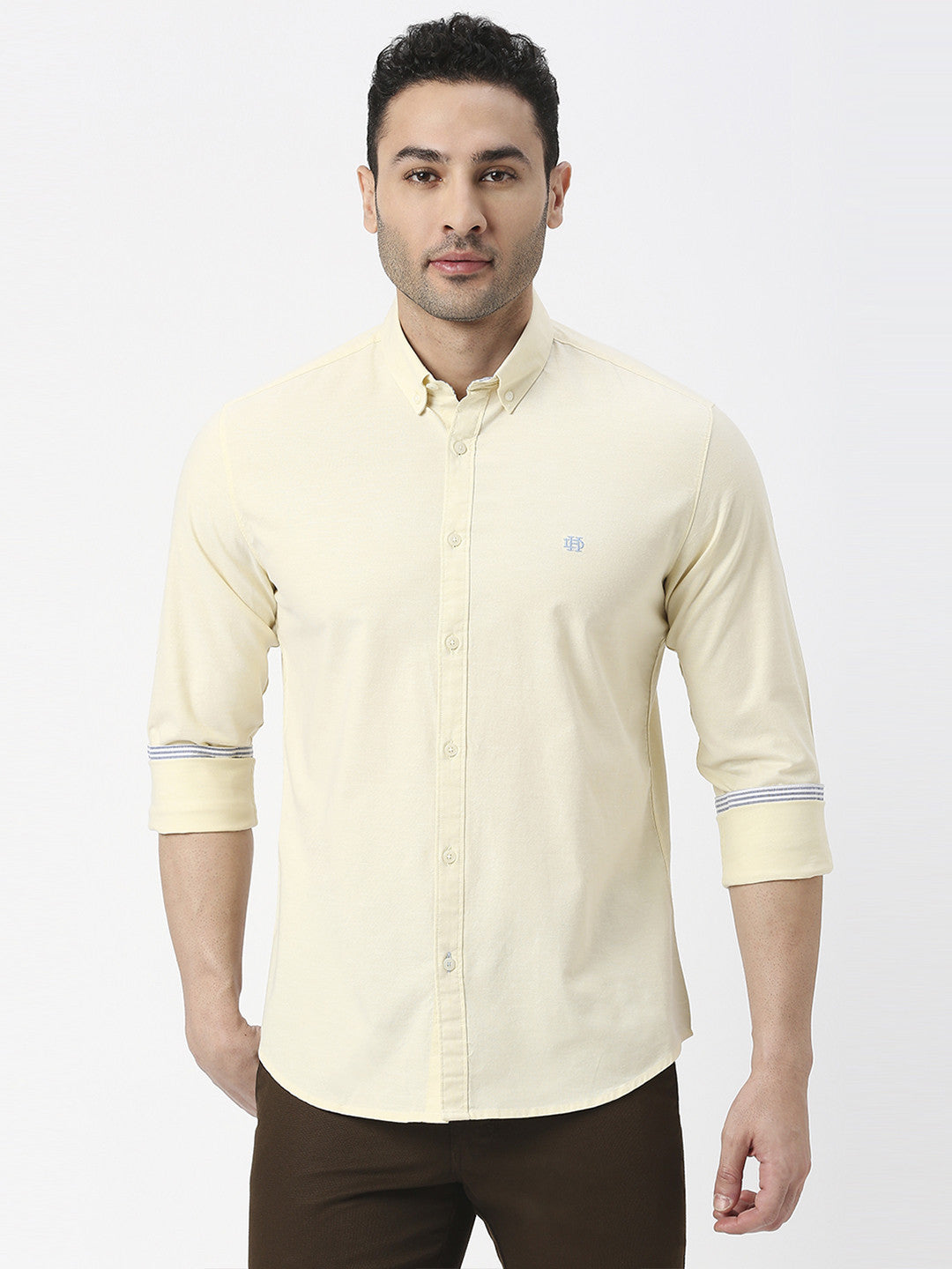 Light Yellow Oxford Plain Shirt With Button Down collar