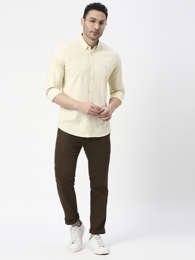 Light Yellow Oxford Plain Shirt With Button Down collar