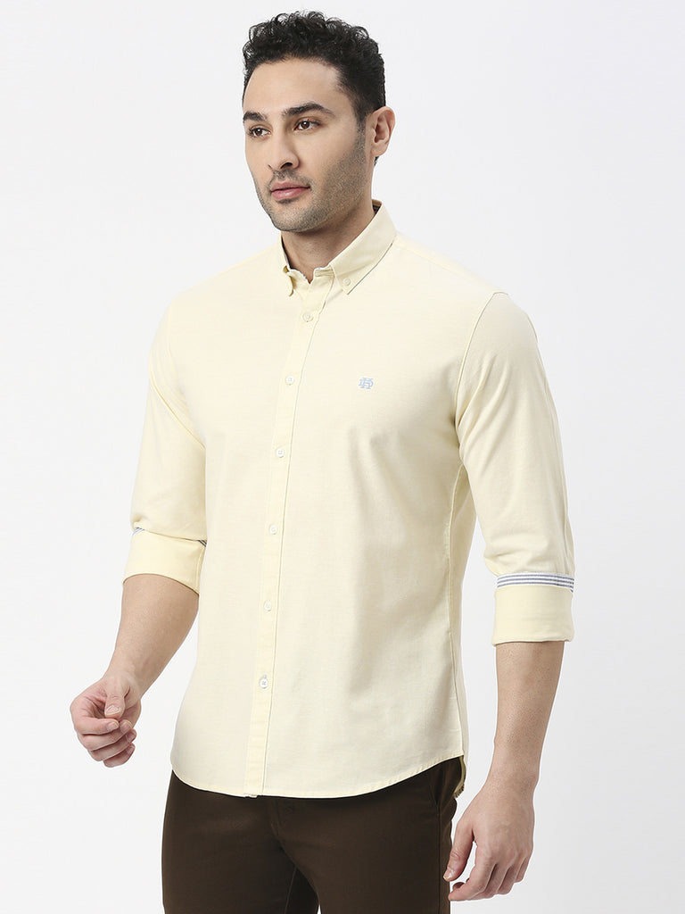 Light Yellow Oxford Plain Shirt With Button Down collar