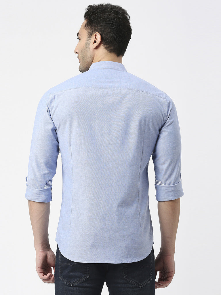 Sea Blue Oxford Plain Shirt With Mandarin Collar