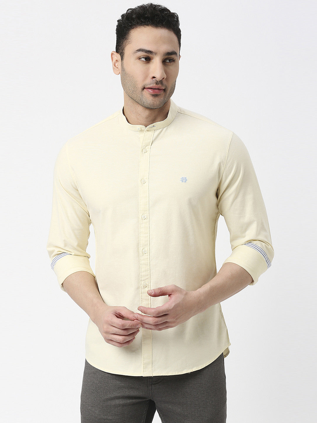 Light Yellow Oxford Plain Shirt With Mandarin Collar