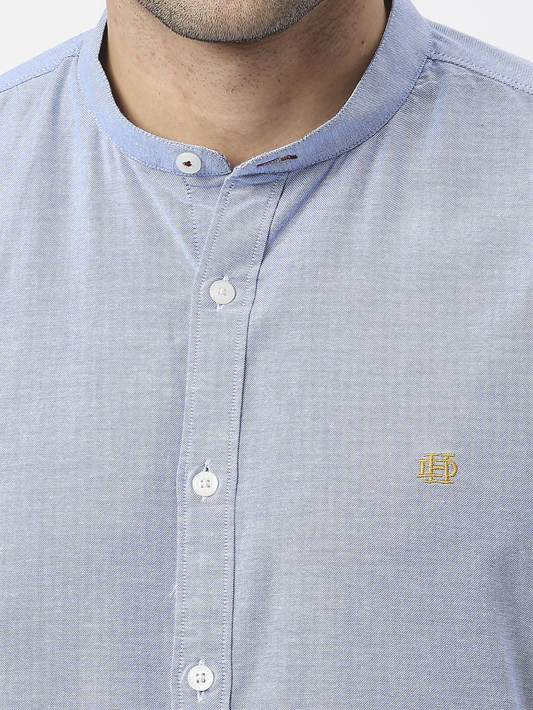 Sea Blue Oxford Plain Shirt With Mandarin Collar