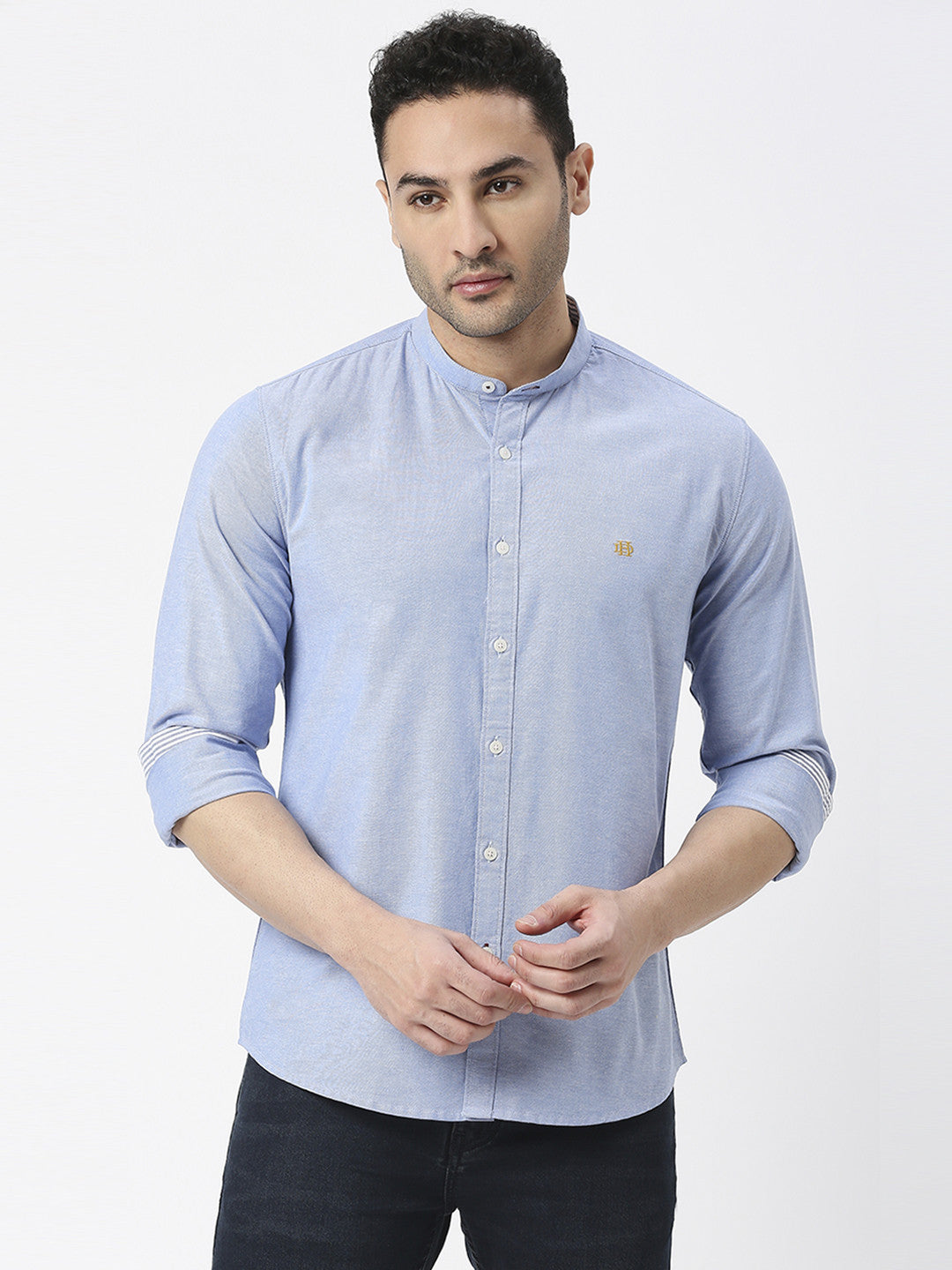 Sea Blue Oxford Plain Shirt With Mandarin Collar