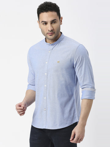 Sea Blue Oxford Plain Shirt With Mandarin Collar