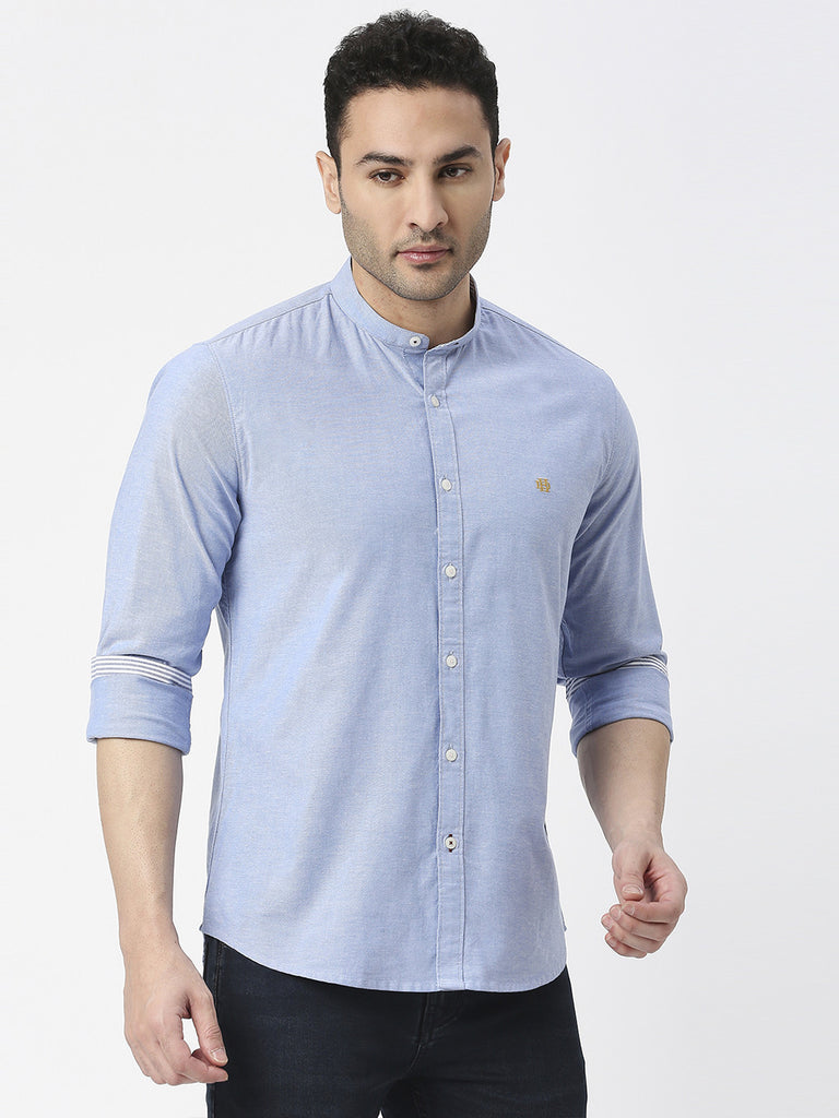 Sea Blue Oxford Plain Shirt With Mandarin Collar