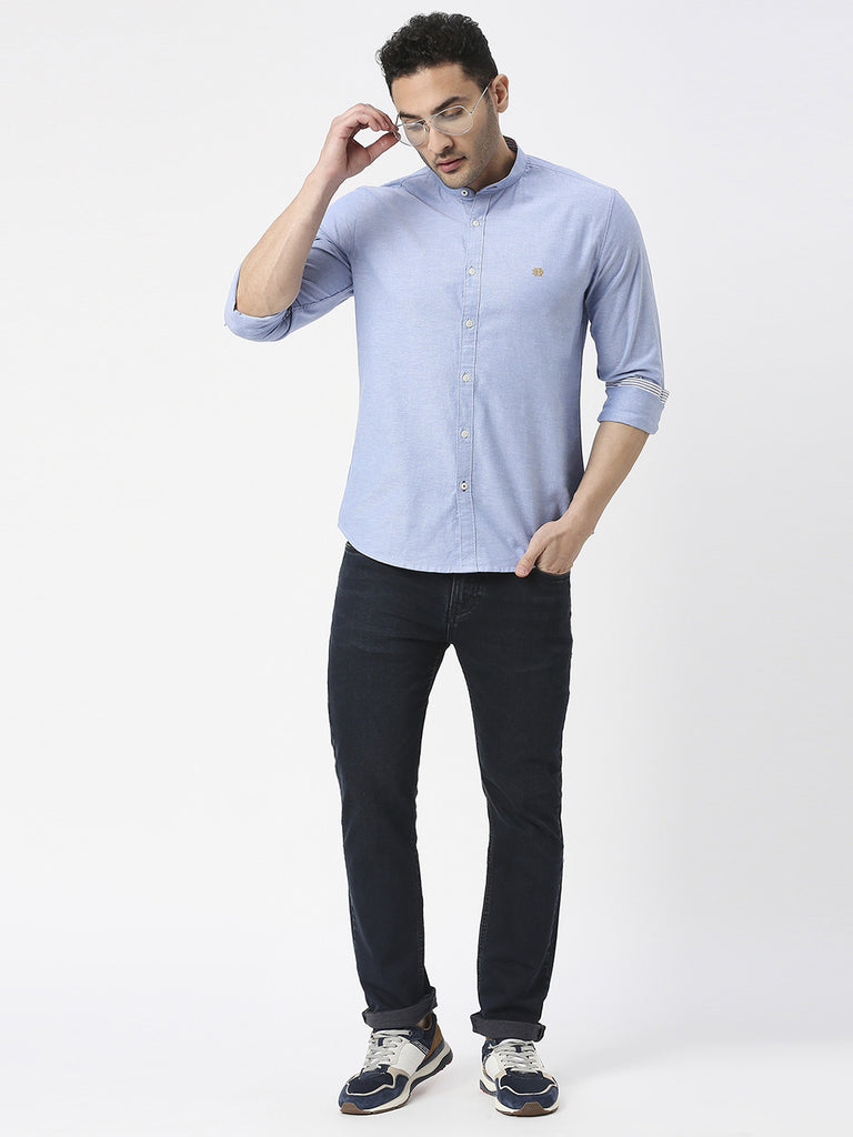 Sea Blue Oxford Plain Shirt With Mandarin Collar