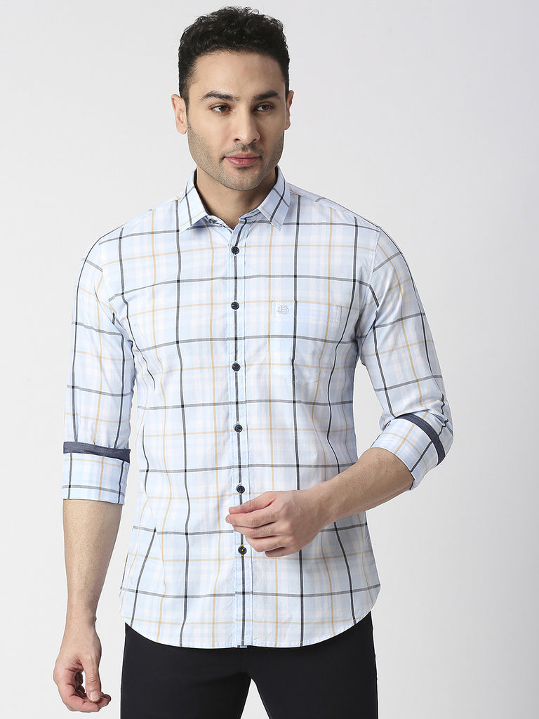 Sky  Blue Poplin Checked Shirt With Pocket