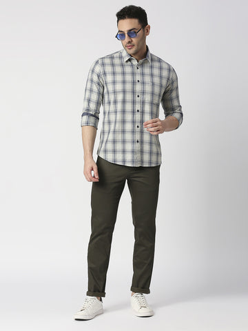 Light Olive Fine Twill Checked Shirt With Pocket