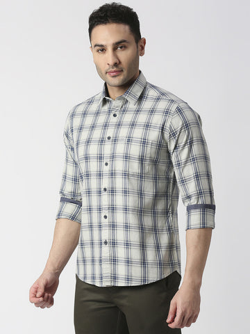 Light Olive Fine Twill Checked Shirt With Pocket