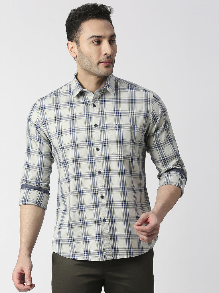 Light Olive Fine Twill Checked Shirt With Pocket