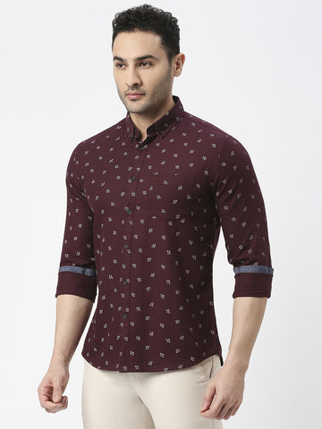 Wine Herringbone Cotton Printed Shirt With Pocket