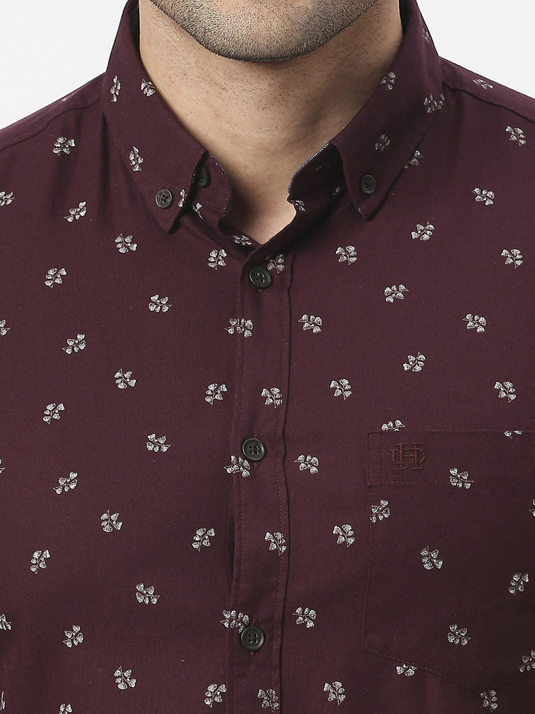 Wine Herringbone Cotton Printed Shirt With Pocket