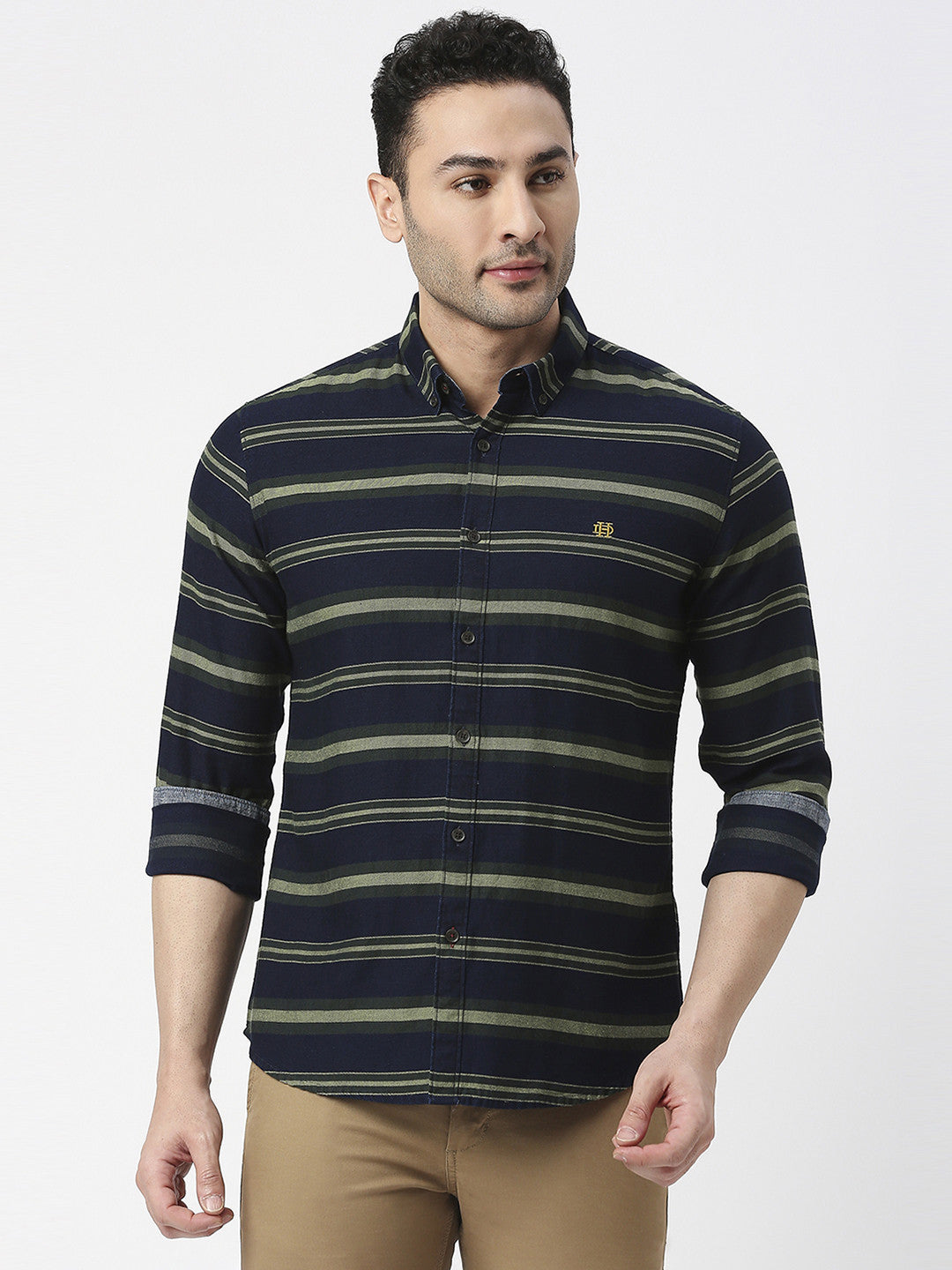 Navy Blue Twill Striped Shirt With Button Down Collar