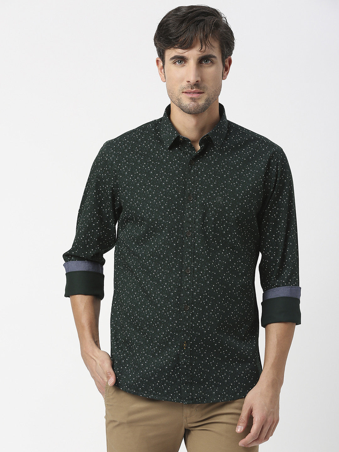 Bottle Green Twill All Over Printed Shirt