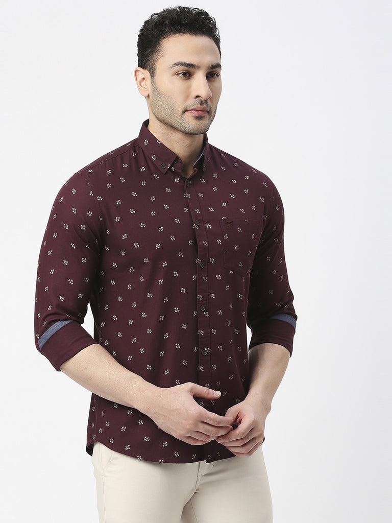 Wine Herringbone Cotton Printed Shirt With Pocket