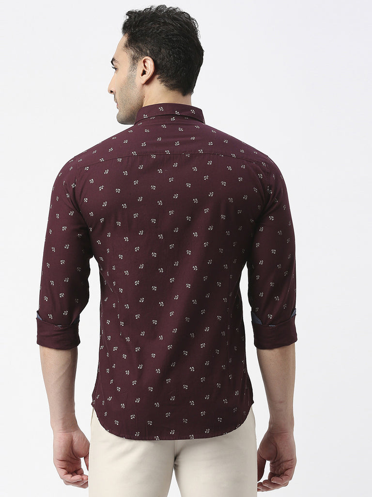 Wine Herringbone Cotton Printed Shirt With Pocket