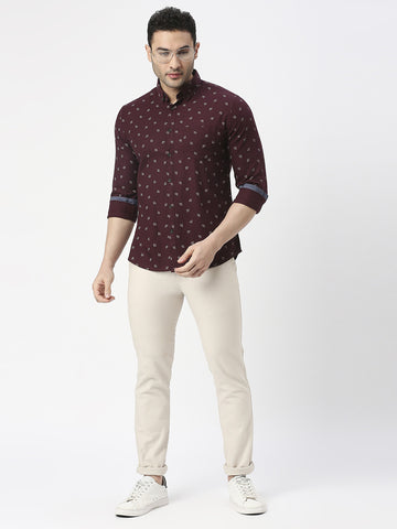 Wine Herringbone Cotton Printed Shirt With Pocket