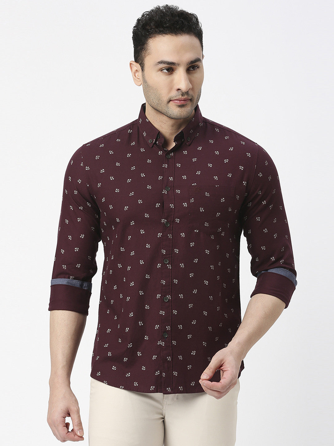 Wine Herringbone Cotton Printed Shirt With Pocket