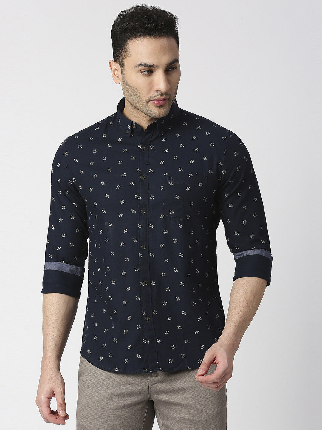 Navy Herringbone Printed Shirt With Pocket