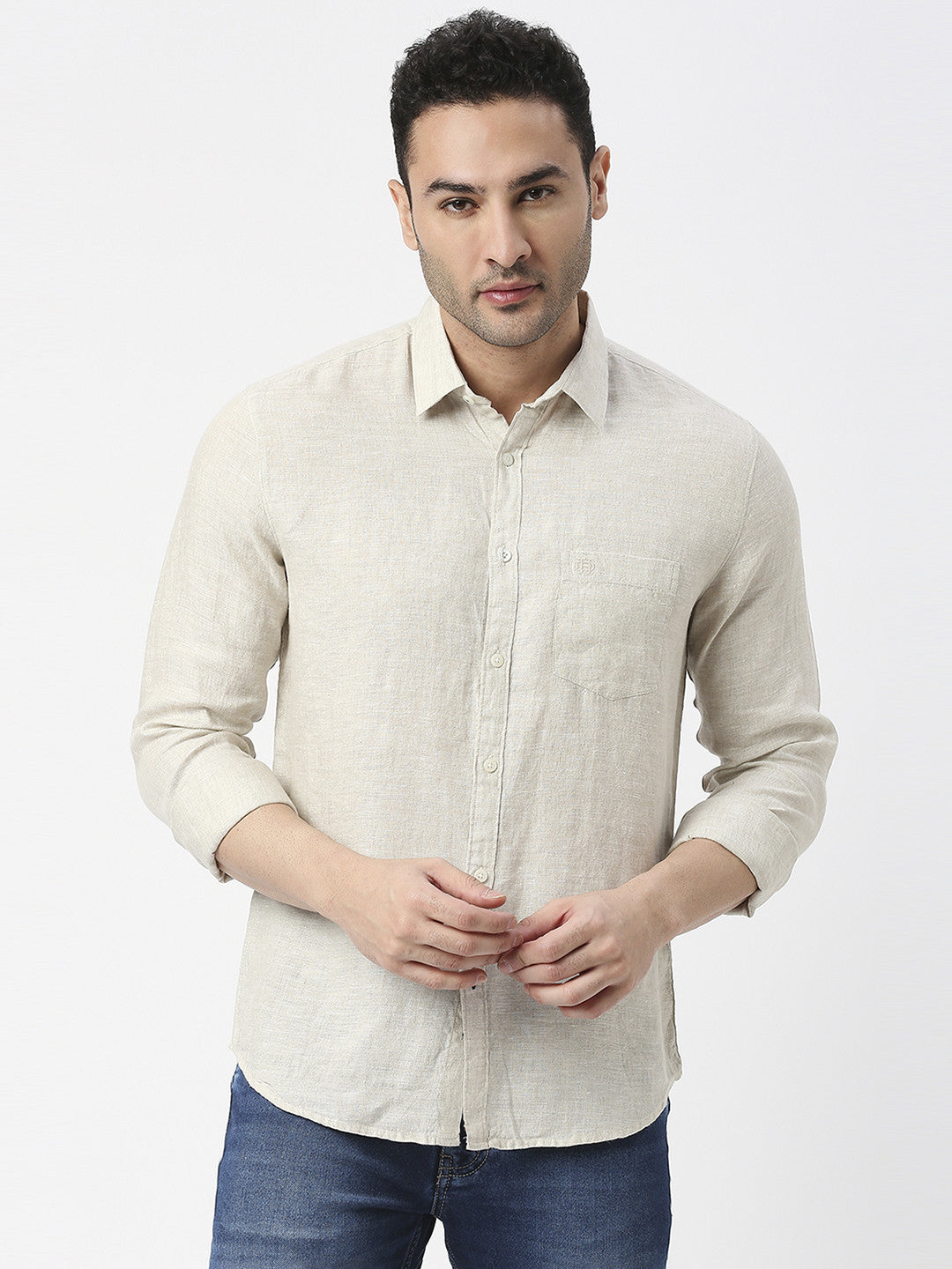 Beige Pure Linen Shirt With Pocket