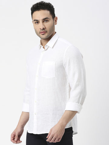 White Pure Linen Shirt With Pocket