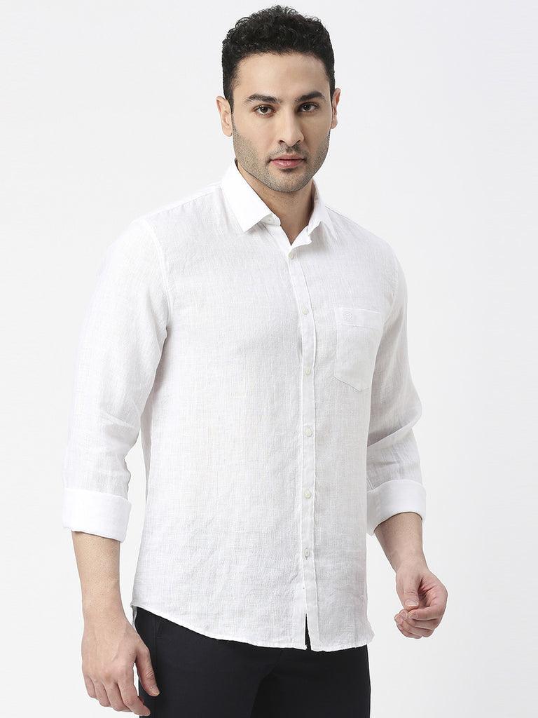 White Pure Linen Shirt With Pocket