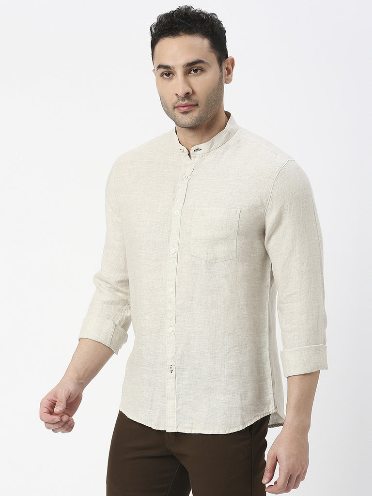 Beige Pure Linen Shirt With Mandarin Collar