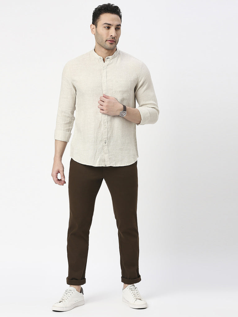 Beige Pure Linen Shirt With Mandarin Collar