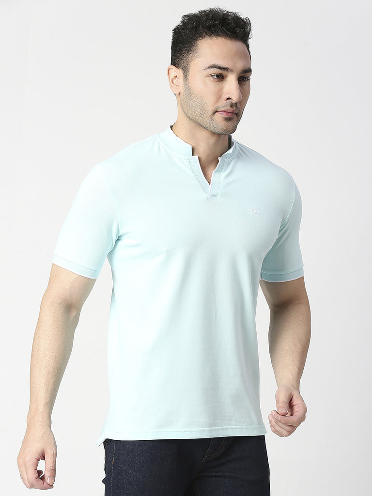 Mint Pique Lycra Polo T-shirt With Johnny Collar