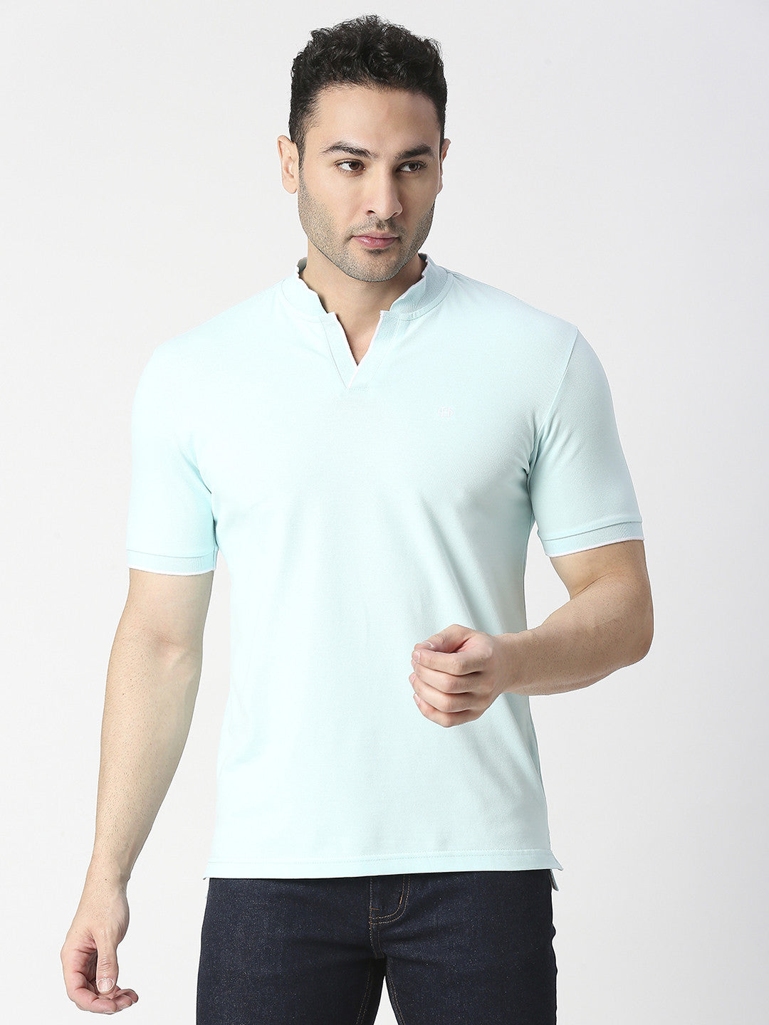 Mint Pique Lycra Polo T-shirt With Johnny Collar