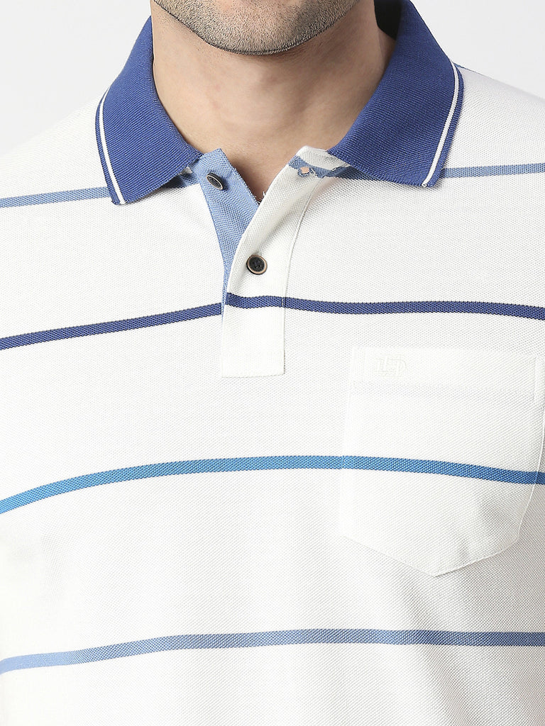 White Pique Striped Polo T-shirt With Pocket