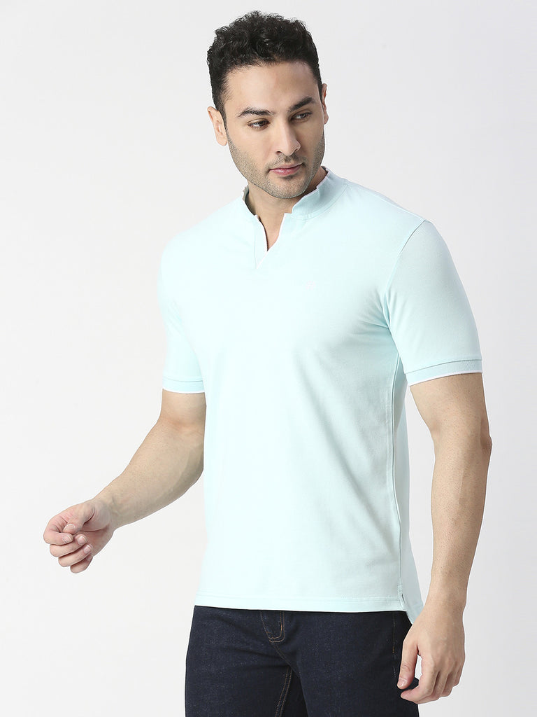 Mint Pique Lycra Polo T-shirt With Johnny Collar