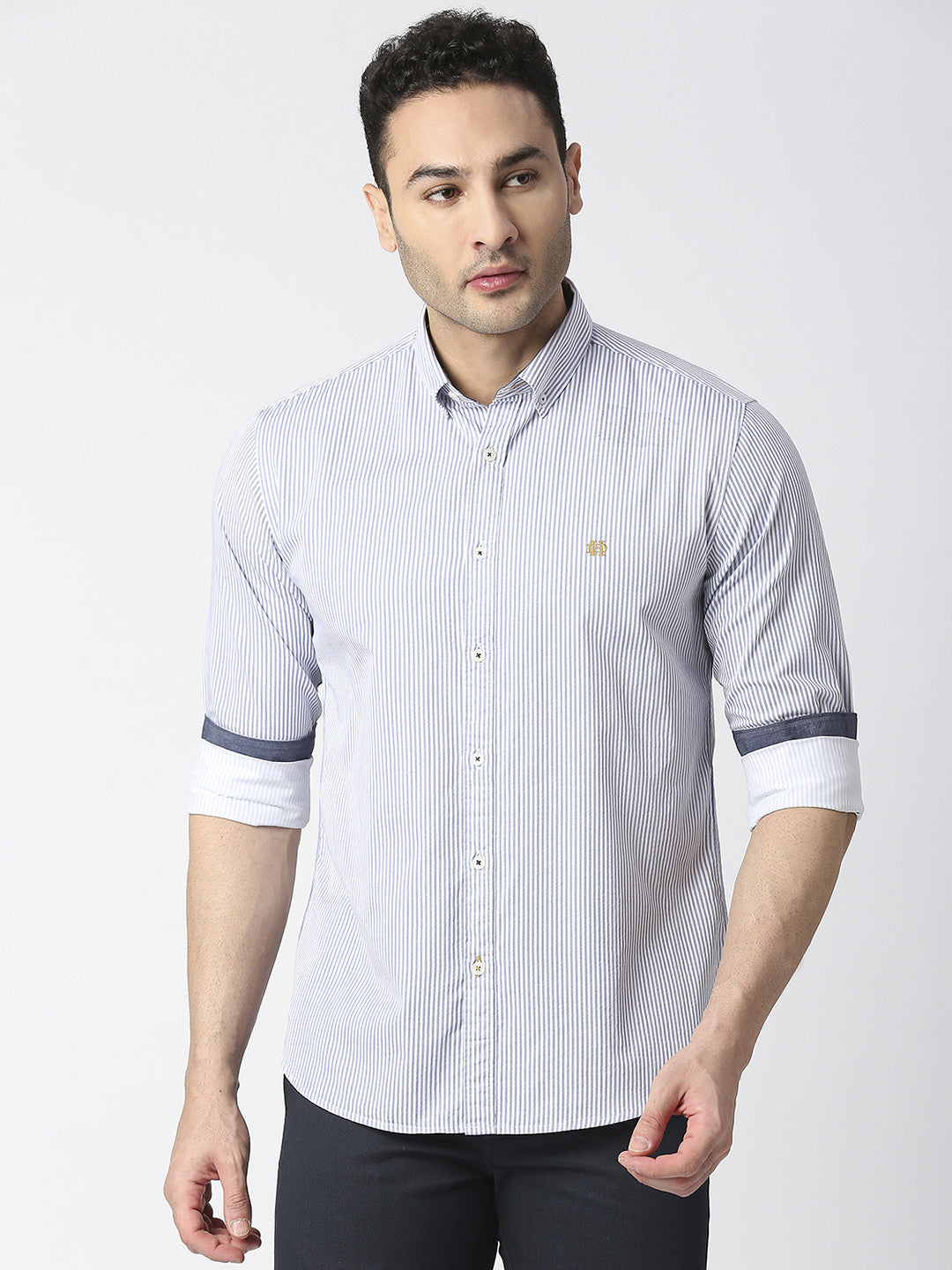 Sky Blue Oxford Vertical Striped Shirt With Button Down Collar