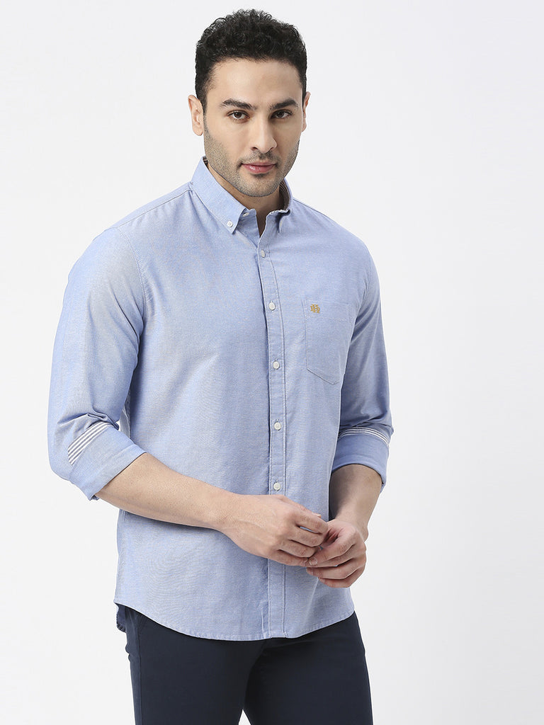 Sea Blue Oxford Plain Shirt With Button Down Collar