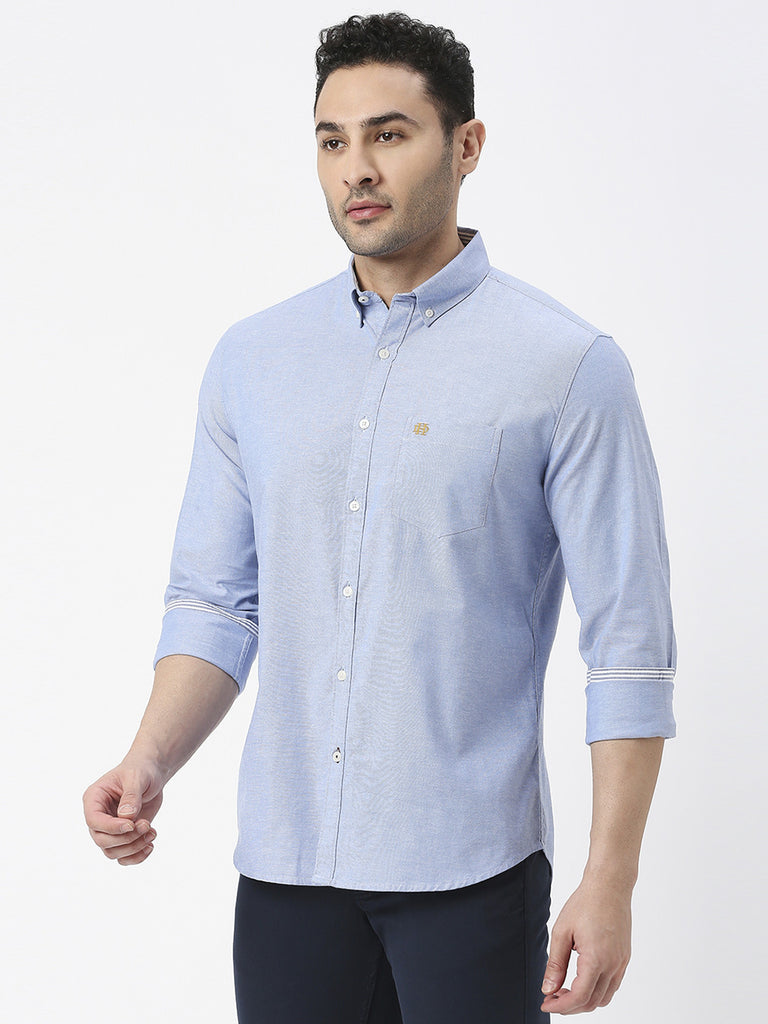 Sea Blue Oxford Plain Shirt With Button Down Collar