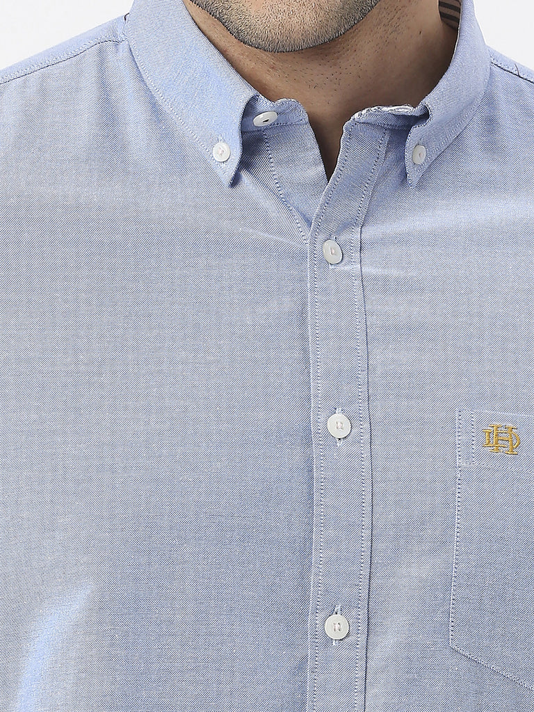 Sea Blue Oxford Plain Shirt With Button Down Collar