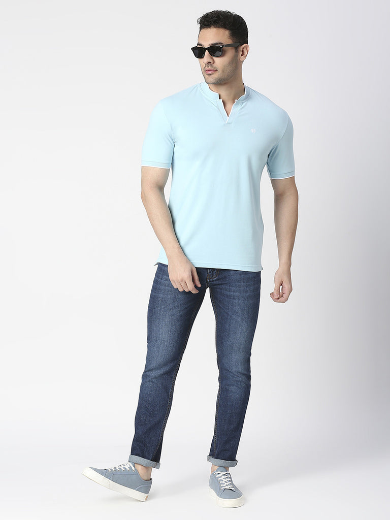 Sky Blue Pique Lycra Polo T-shirt With Johnny Collar