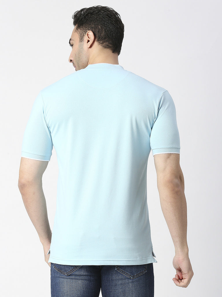 Sky Blue Pique Lycra Polo T-shirt With Johnny Collar